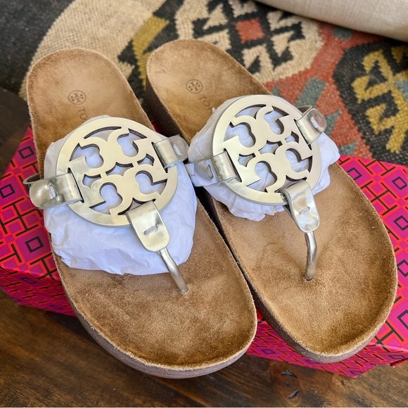 Tory Burch Miller Cloud Metallic Silver Cork Sole Sandals US7 - Picture 5 of 14